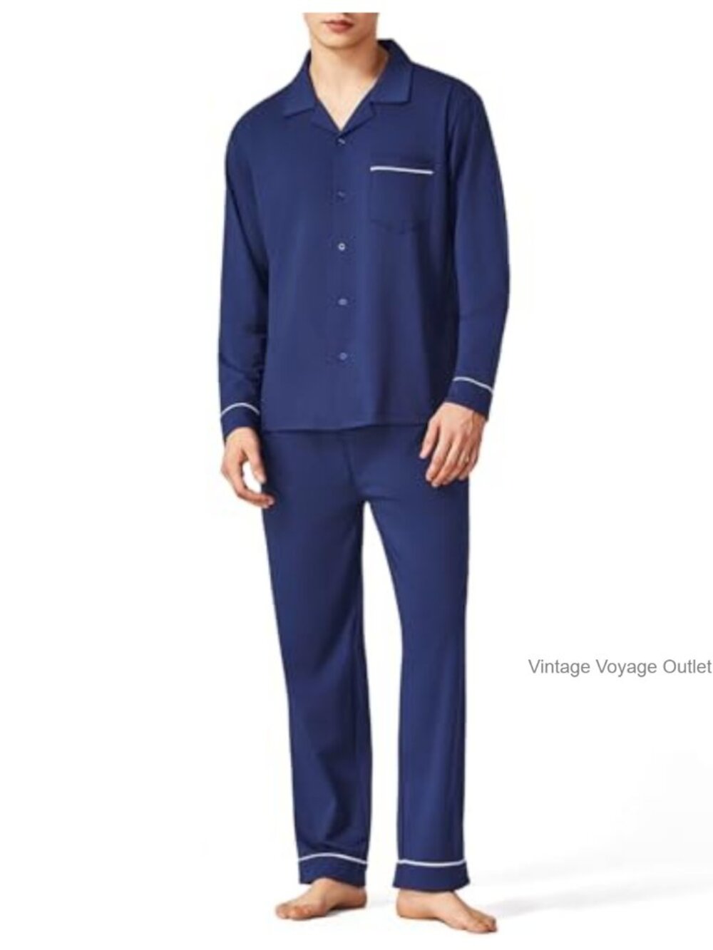 Men's Cotton Pajama Set Long Sleeve Button-Up with Pockets